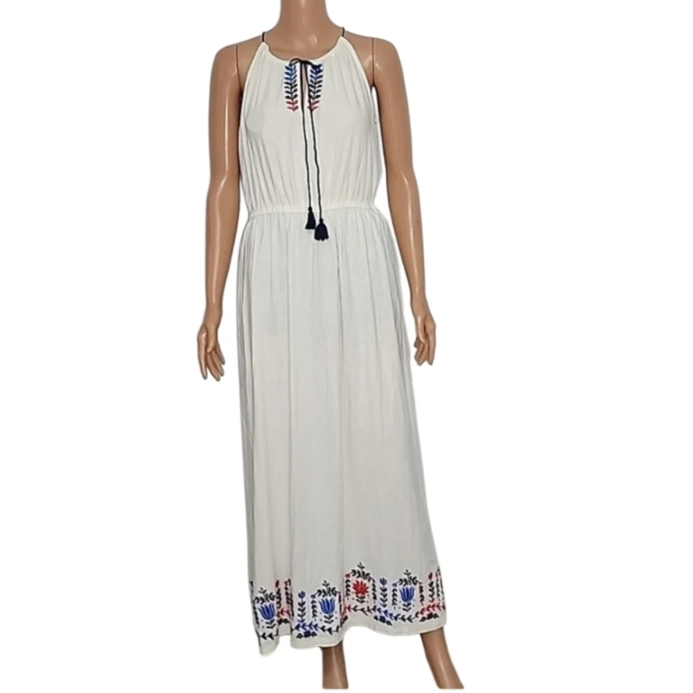 J.Crew Linen‎ Blend Floral Embroidered Ivory Maxi Dress Size M Medium